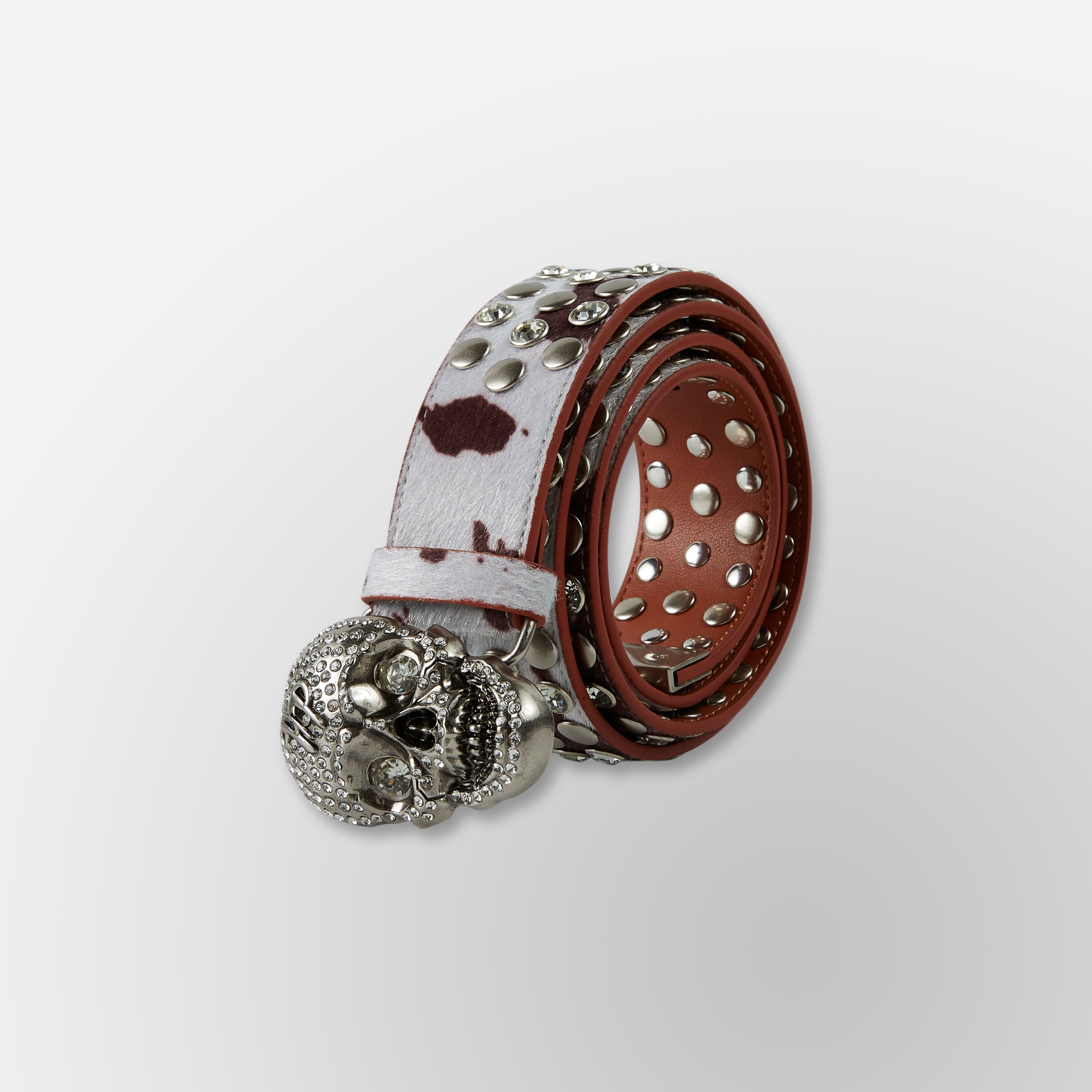 Cow Print Skull Belt - Cream Brown