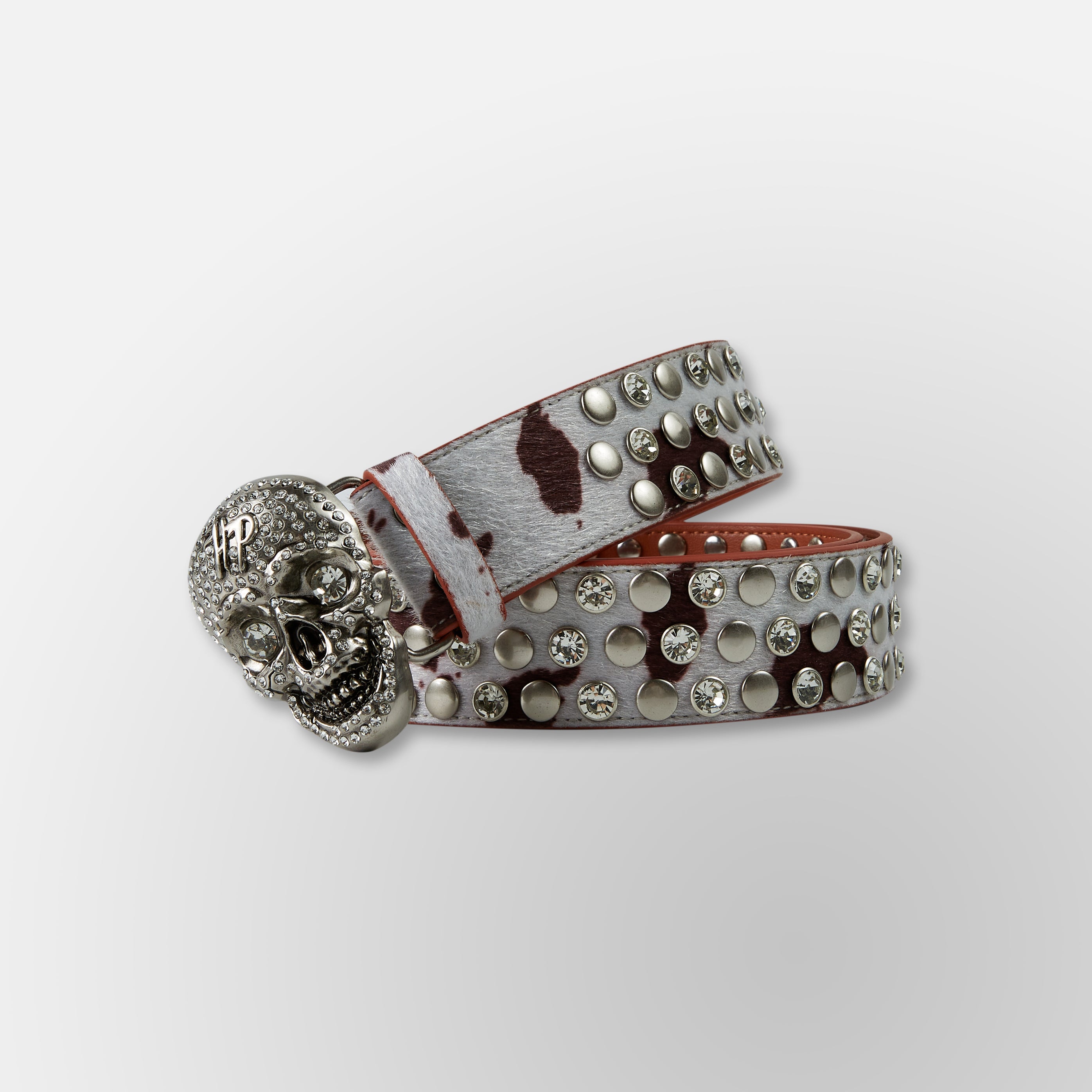 Cow Print Skull Belt - Cream Brown