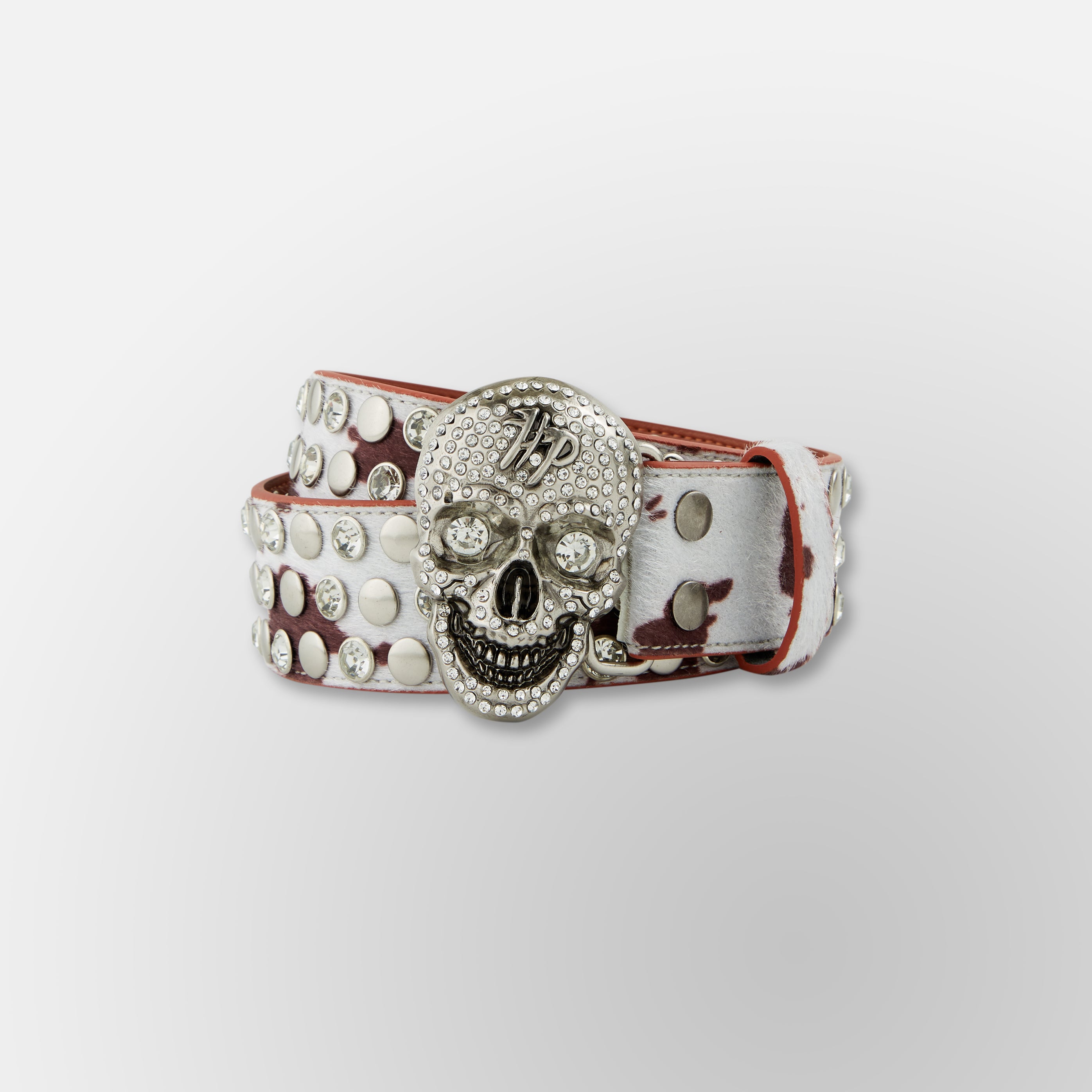 Cow Print Skull Belt - Cream Brown