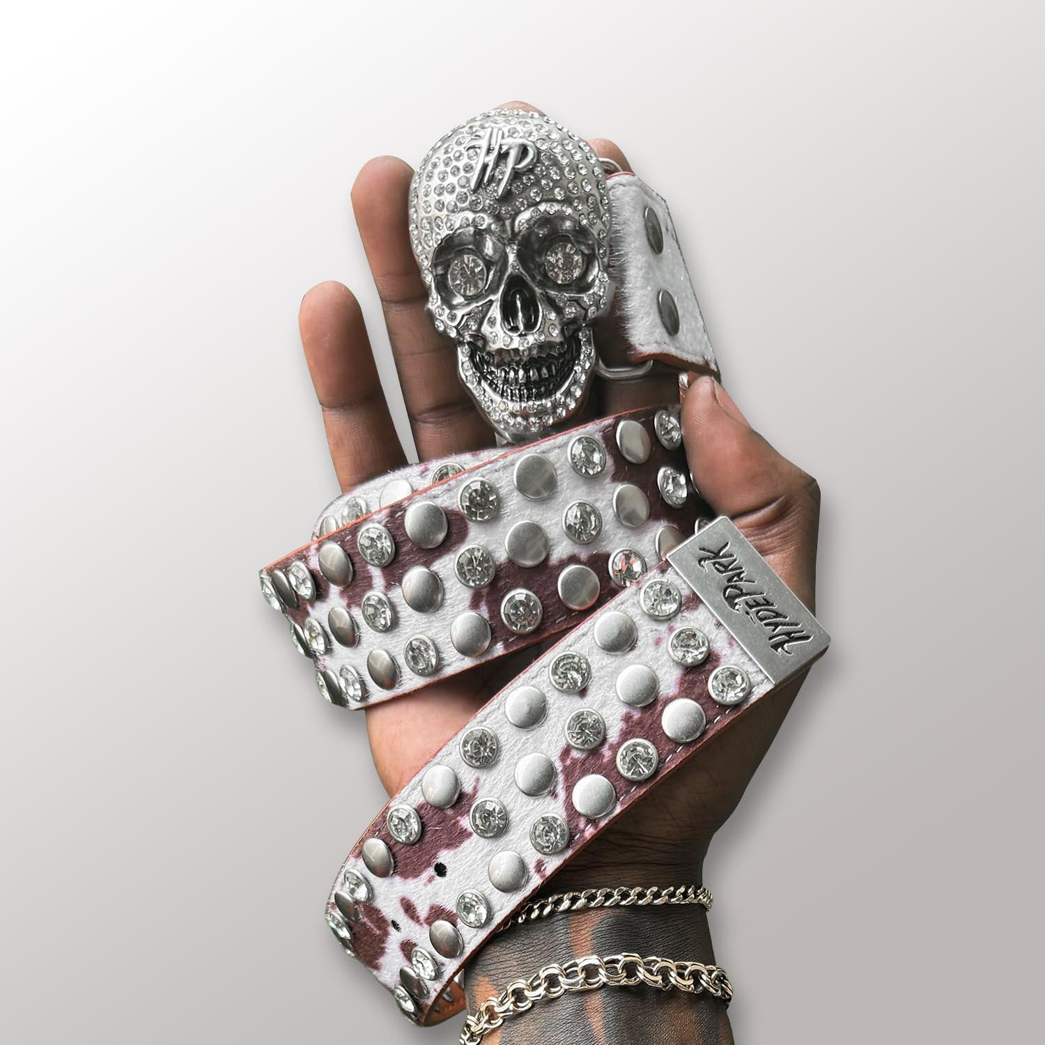 Cow Print Skull Belt  - Cream Brown